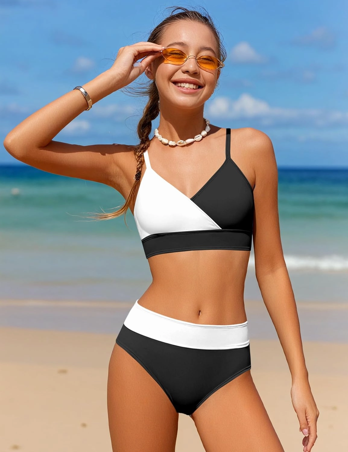 Girls Swimsuit V Neck Bikini Set Color Block with Cover Up 3Pcs Bathing Suits