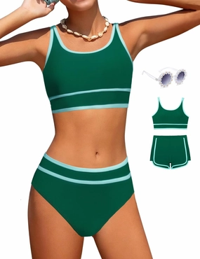 Girls Swimsuits 3 Piece Bathing Suit Bikini Set with Sporty Shorts and Sunglasses Beach Swimwear for Girl 8-15 Years