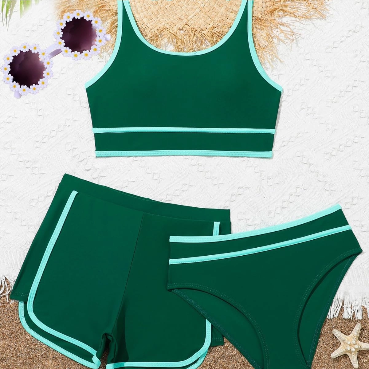 Girls Swimsuits 3 Piece Bathing Suit Bikini Set with Sporty Shorts and Sunglasses Beach Swimwear for Girl 8-15 Years