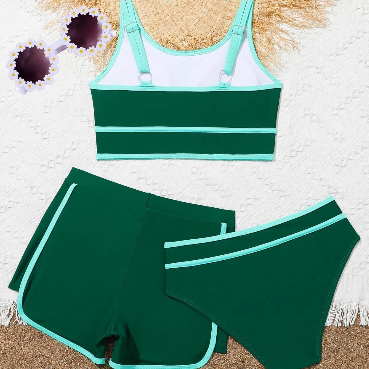 Girls Swimsuits 3 Piece Bathing Suit Bikini Set with Sporty Shorts and Sunglasses Beach Swimwear for Girl 8-15 Years