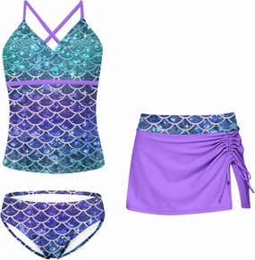 Girls Swimsuits 3 Piece Tankini Bathing Suit Set Bikini Swimwear with Cover Ups Beach Skirt 6-12 Years