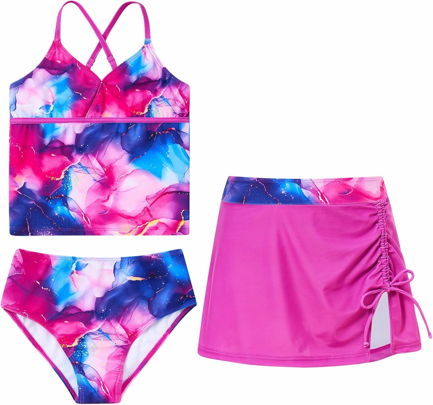 Girls Swimsuits 3 Piece Tankini Bathing Suit Set Bikini Swimwear with Cover Ups Beach Skirt 6-12 Years