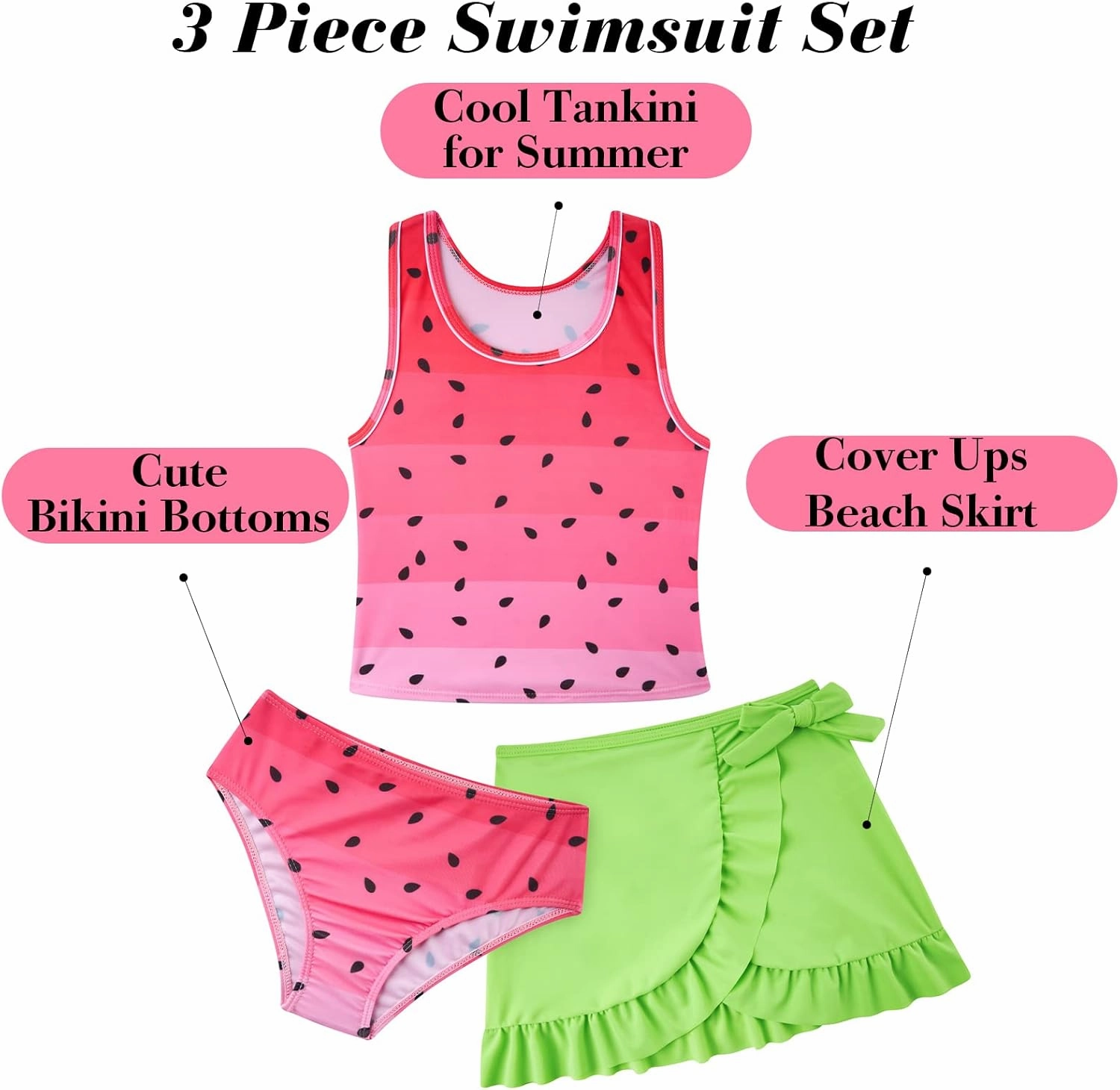 Girls Swimsuits 3 Piece Tankini Bathing Suit Set Cute Bikini Swimwear with Cover Ups Beach Skirt 5-12 Years