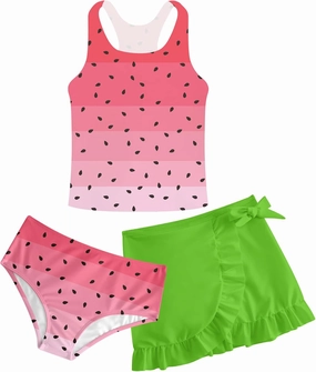 Girls Swimsuits 3 Piece Tankini Bathing Suit Set Cute Bikini Swimwear with Cover Ups Beach Skirt 5-12 Years