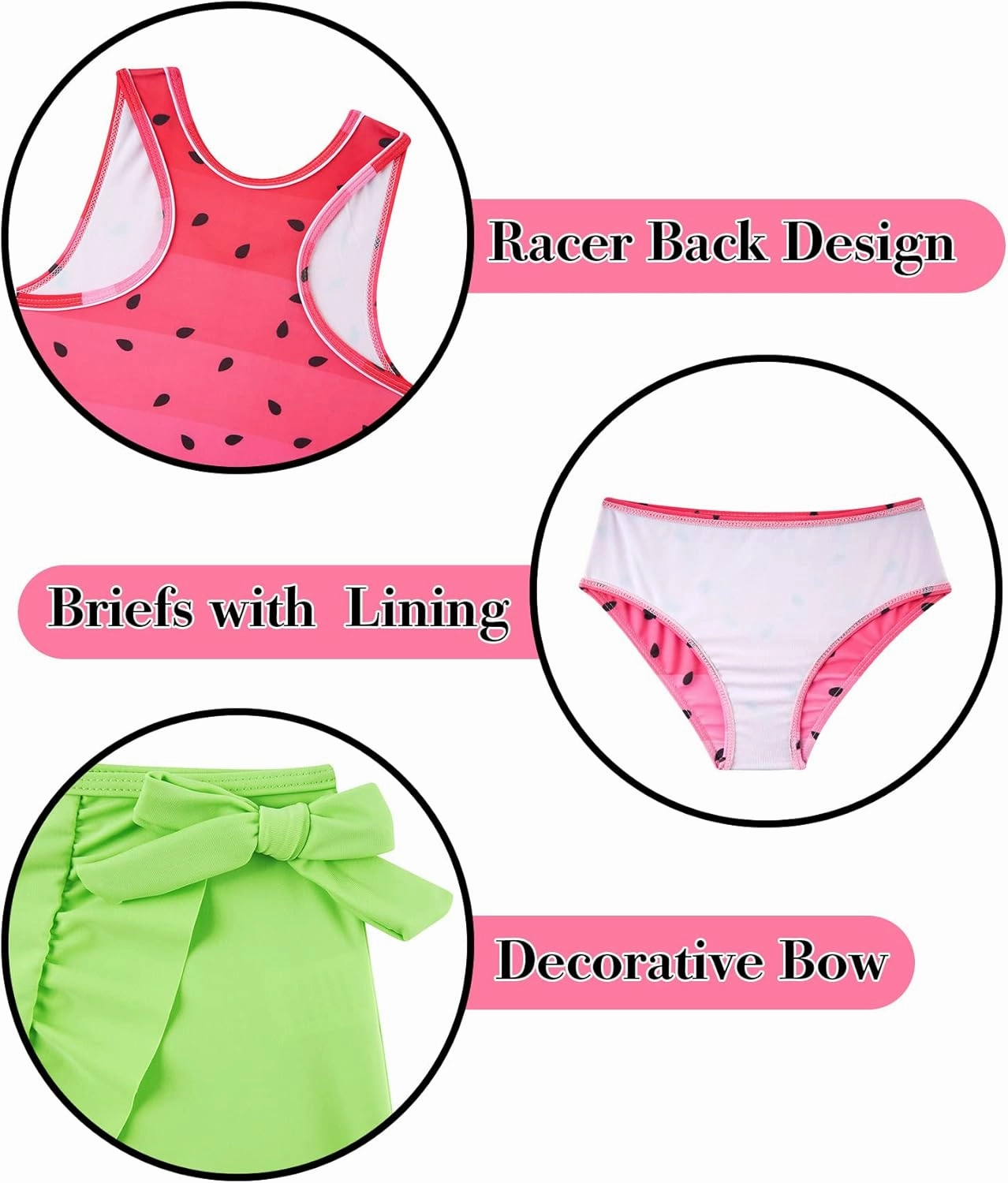 Girls Swimsuits 3 Piece Tankini Bathing Suit Set Cute Bikini Swimwear with Cover Ups Beach Skirt 5-12 Years