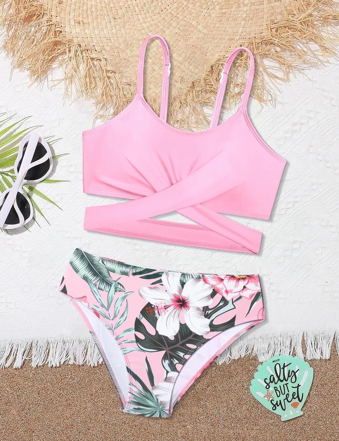 Girls Swimsuits Bikini Set Two Piece Bathing Suit Criss Cross Girls' Swimwear with Chest Pad