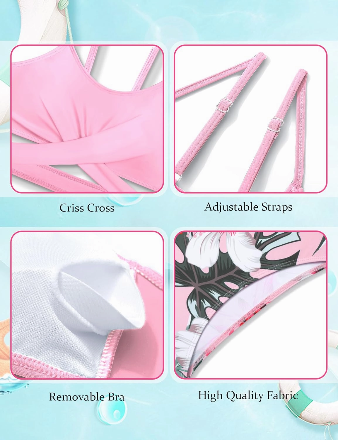 Girls Swimsuits Bikini Set Two Piece Bathing Suit Criss Cross Girls' Swimwear with Chest Pad