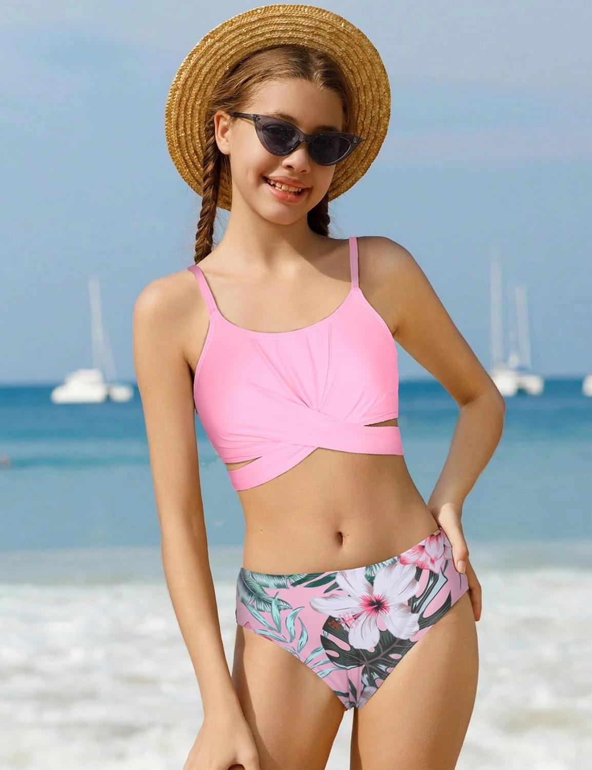 Girls Swimsuits Bikini Set Two Piece Bathing Suit Criss Cross Girls' Swimwear with Chest Pad