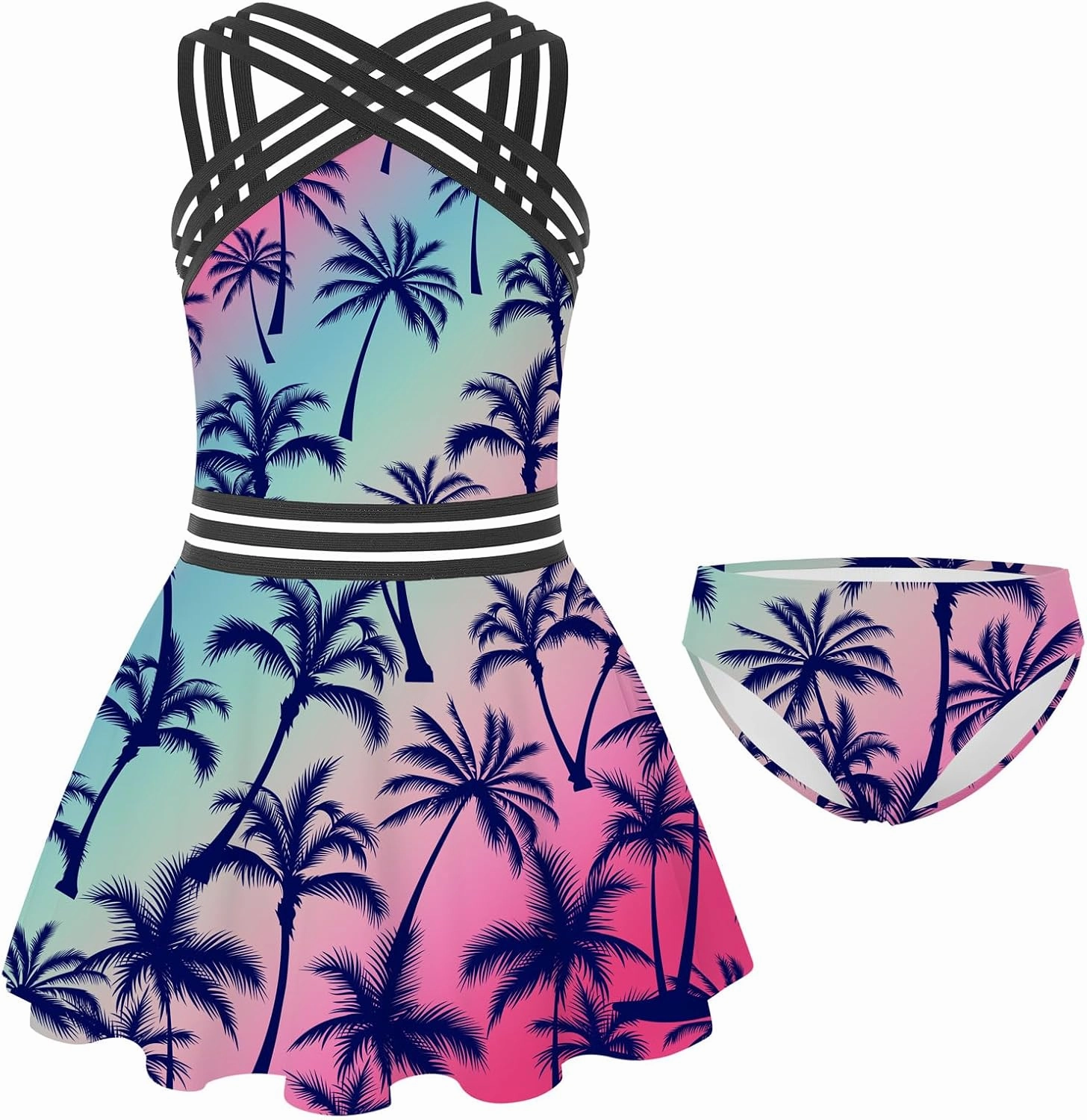 Girls Tankini Swimsuits Set size 7-14T Two Piece Swim Skirt and Bikini Bottom Criss-Cross Hawaii Bathing Suit