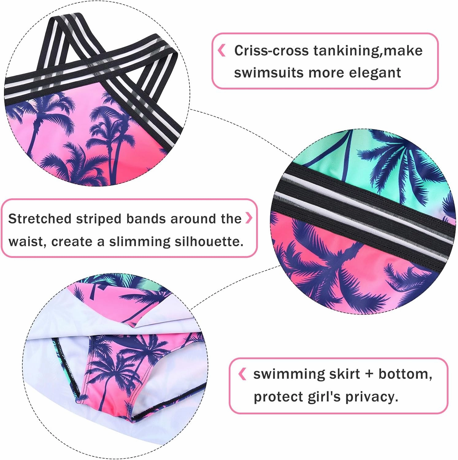 Girls Tankini Swimsuits Set size 7-14T Two Piece Swim Skirt and Bikini Bottom Criss-Cross Hawaii Bathing Suit