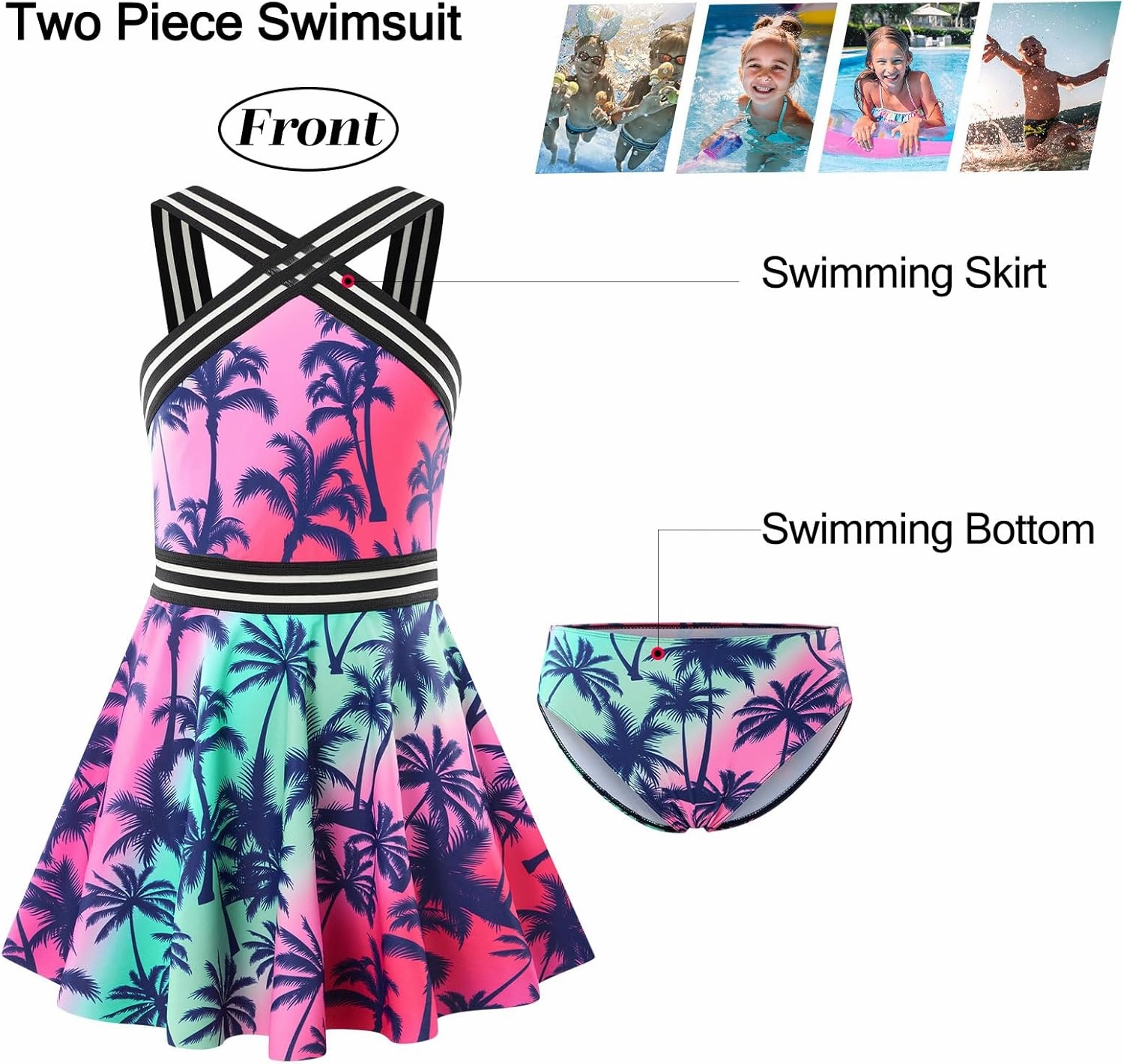 Girls Tankini Swimsuits Set size 7-14T Two Piece Swim Skirt and Bikini Bottom Criss-Cross Hawaii Bathing Suit