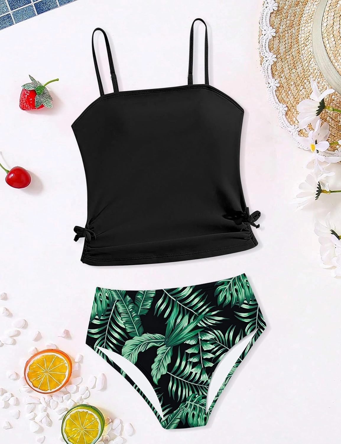 Girls Tankini Swimsuits Two Piece Bathing Suit Drawstring Swimwear Set for Girls 7-14 Years