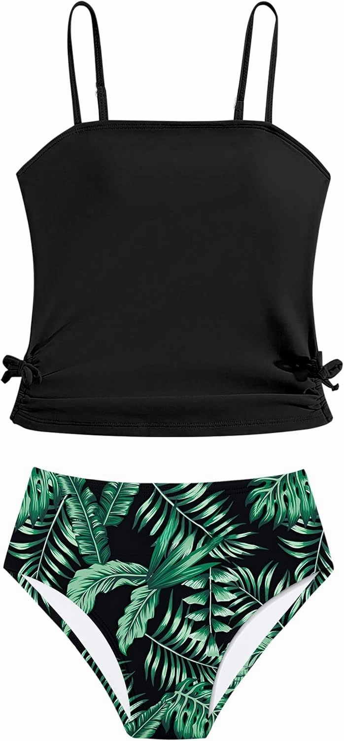 Girls Tankini Swimsuits Two Piece Bathing Suit Drawstring Swimwear Set for Girls 7-14 Years