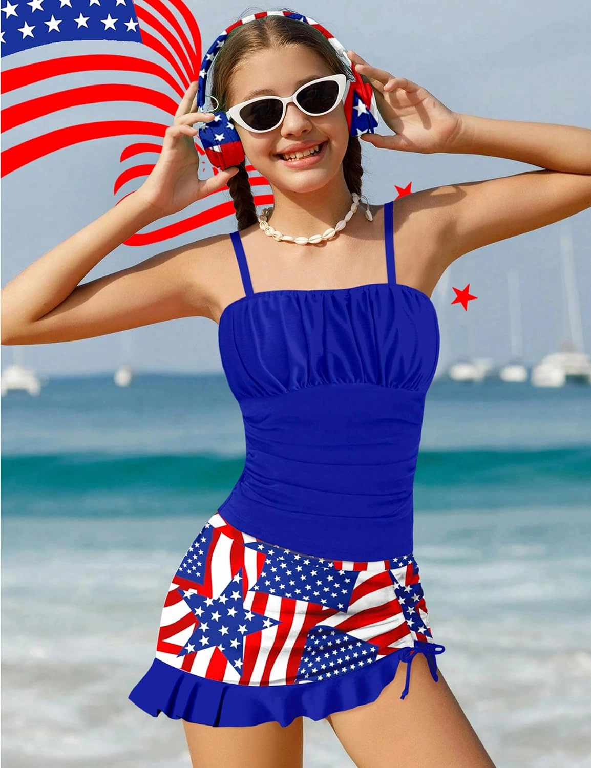 Girls Tankini Swimsuits Two Piece Tropical Print Pleated Bathing Suit with Ruffle Drawstring Skirt Swimwear 9-16T