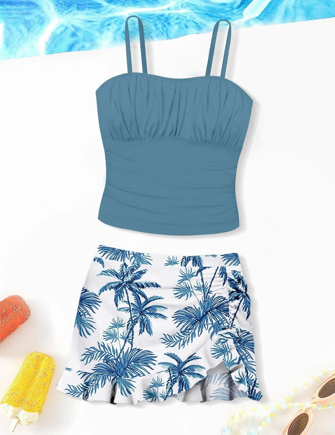 Girls Tankini Swimsuits Two Piece Tropical Print Pleated Bathing Suit with Ruffle Drawstring Skirt Swimwear 9-16T