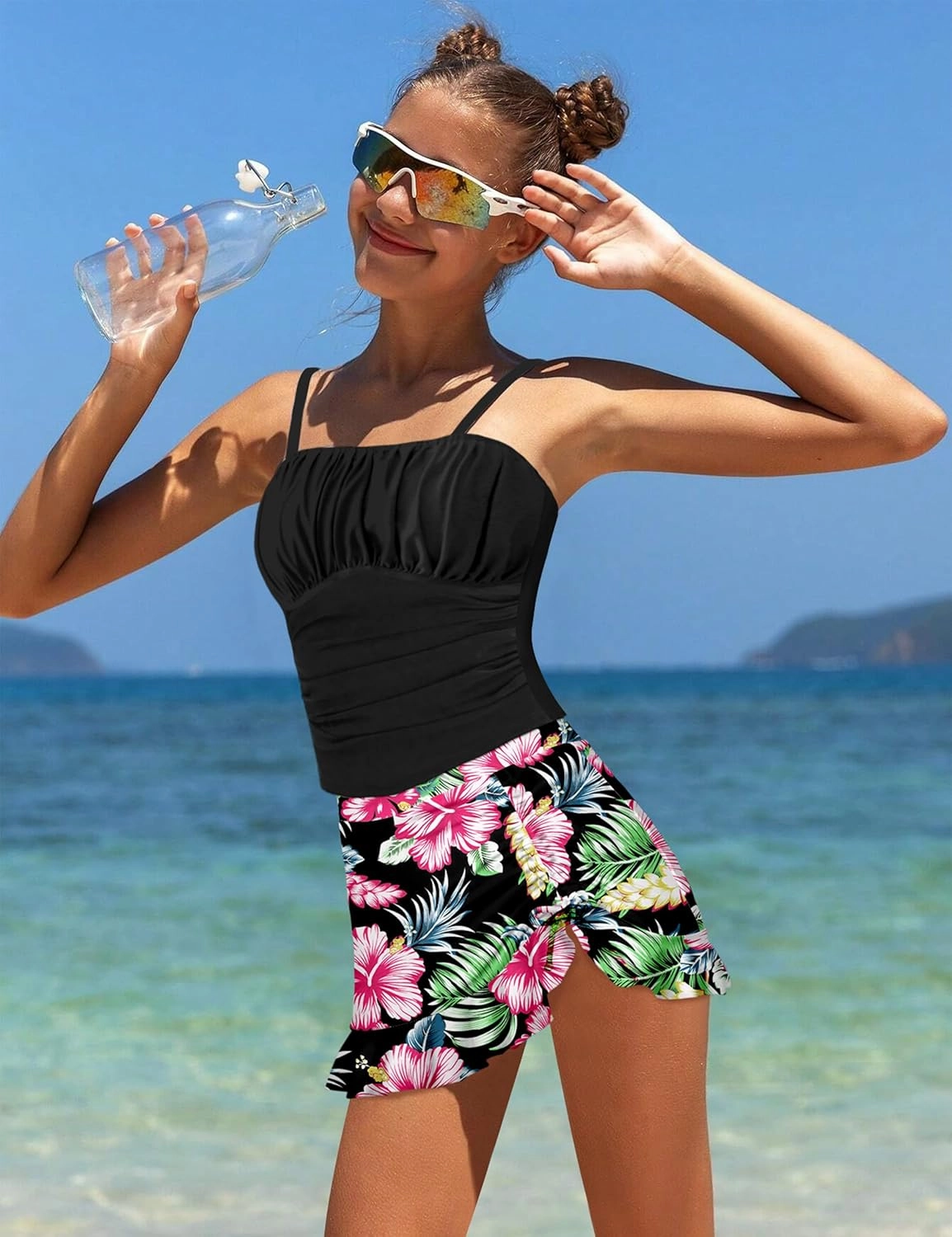 Girls Tankini Swimsuits Two Piece Tropical Print Pleated Bathing Suit with Ruffle Drawstring Skirt Swimwear 9-16T