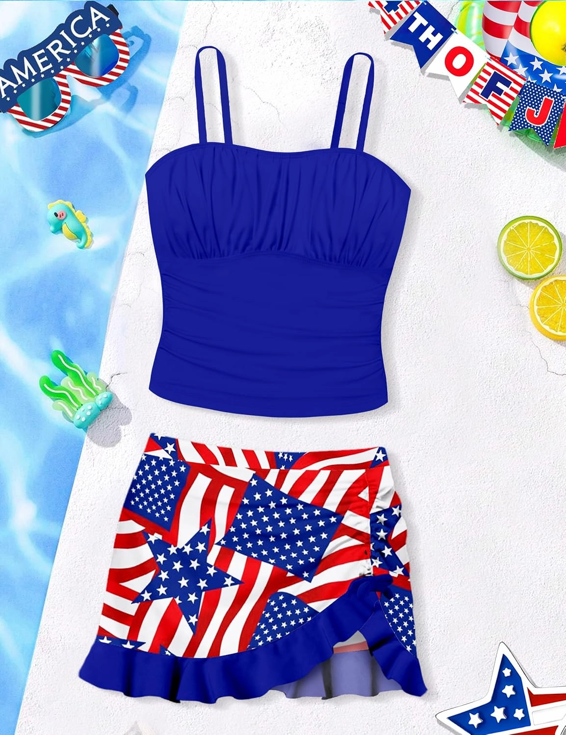 Girls Tankini Swimsuits Two Piece Tropical Print Pleated Bathing Suit with Ruffle Drawstring Skirt Swimwear 9-16T