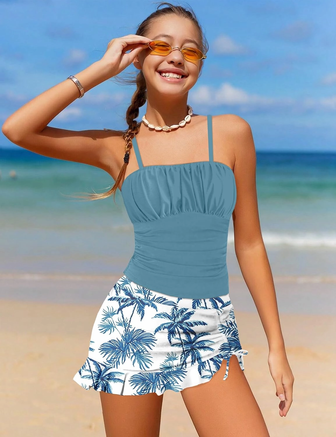 Girls Tankini Swimsuits Two Piece Tropical Print Pleated Bathing Suit with Ruffle Drawstring Skirt Swimwear 9-16T
