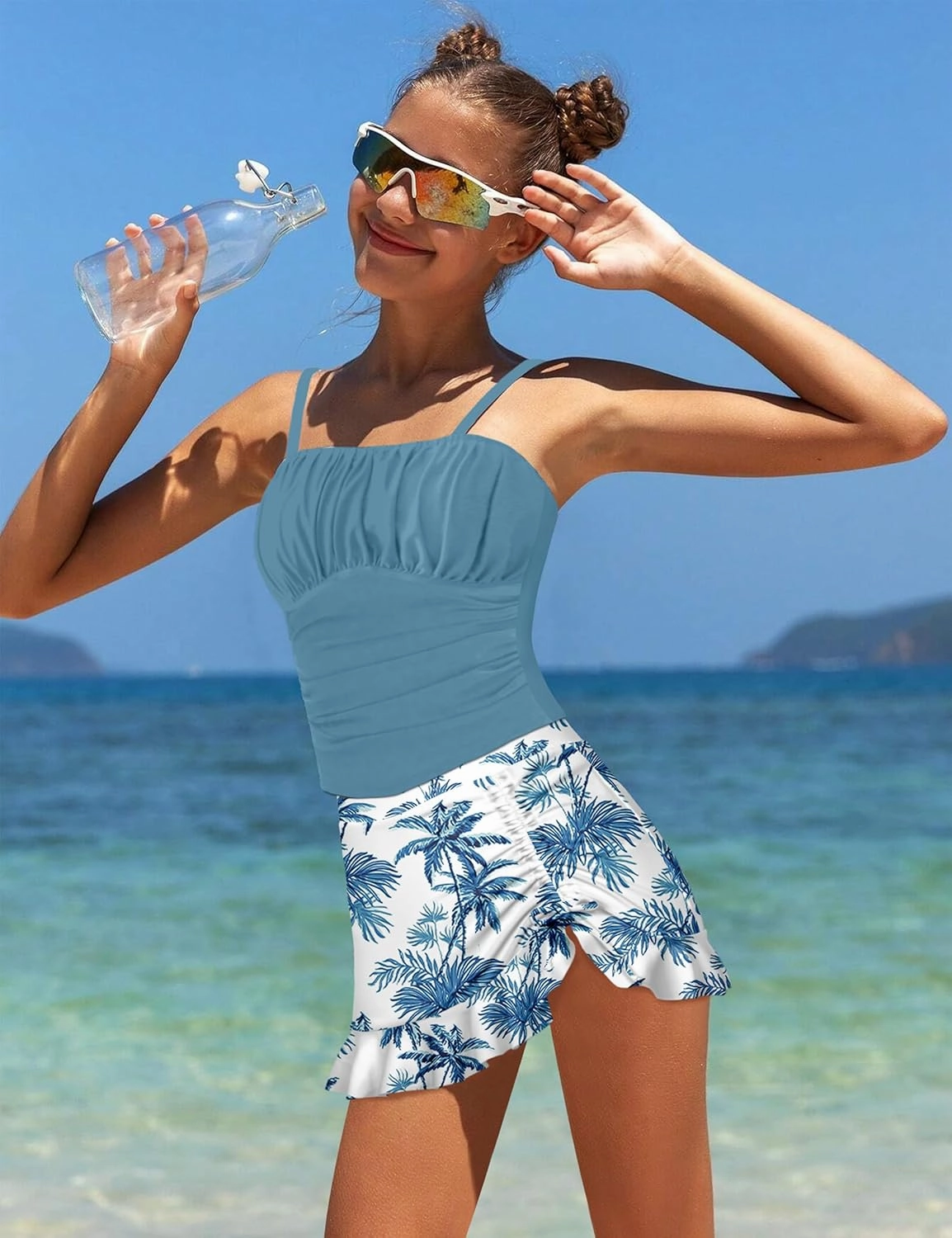 Girls Tankini Swimsuits Two Piece Tropical Print Pleated Bathing Suit with Ruffle Drawstring Skirt Swimwear 9-16T