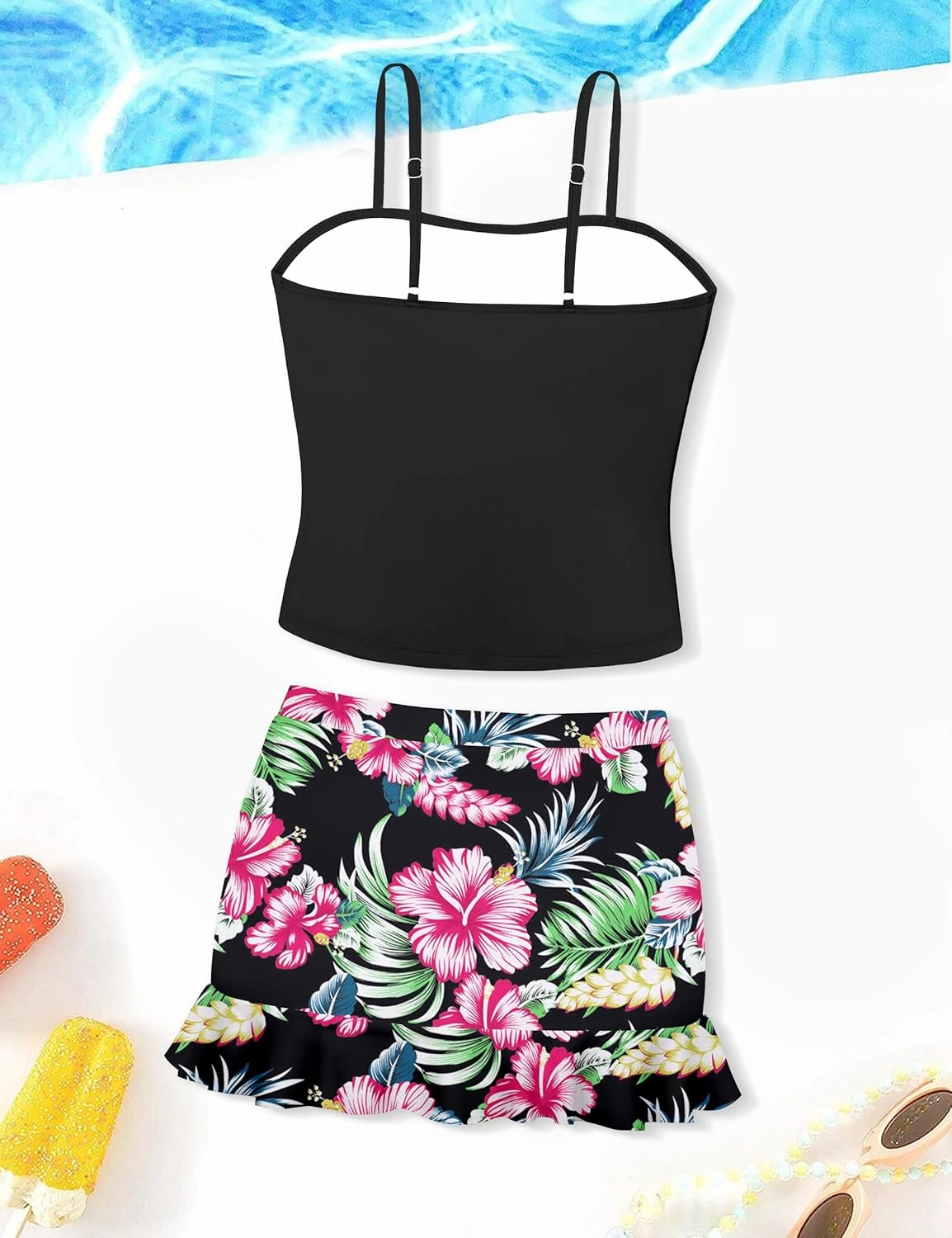 Girls Tankini Swimsuits Two Piece Tropical Print Pleated Bathing Suit with Ruffle Drawstring Skirt Swimwear 9-16T