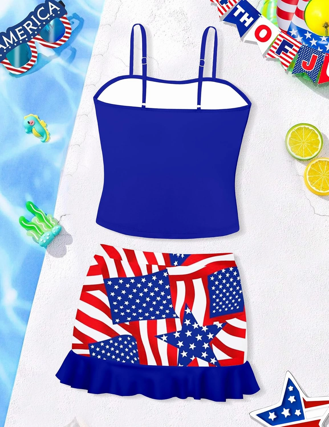 Girls Tankini Swimsuits Two Piece Tropical Print Pleated Bathing Suit with Ruffle Drawstring Skirt Swimwear 9-16T