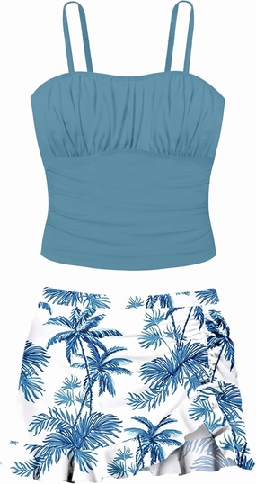 Girls Tankini Swimsuits Two Piece Tropical Print Pleated Bathing Suit with Ruffle Drawstring Skirt Swimwear 9-16T