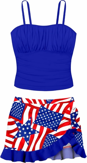 Girls Tankini Swimsuits Two Piece Tropical Print Pleated Bathing Suit with Ruffle Drawstring Skirt Swimwear 9-16T