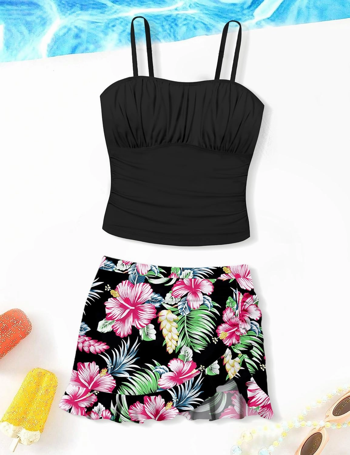 Girls Tankini Swimsuits Two Piece Tropical Print Pleated Bathing Suit with Ruffle Drawstring Skirt Swimwear 9-16T