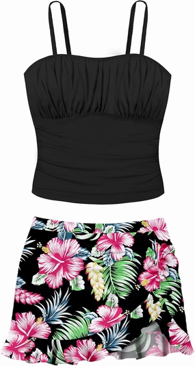 Girls Tankini Swimsuits Two Piece Tropical Print Pleated Bathing Suit with Ruffle Drawstring Skirt Swimwear 9-16T