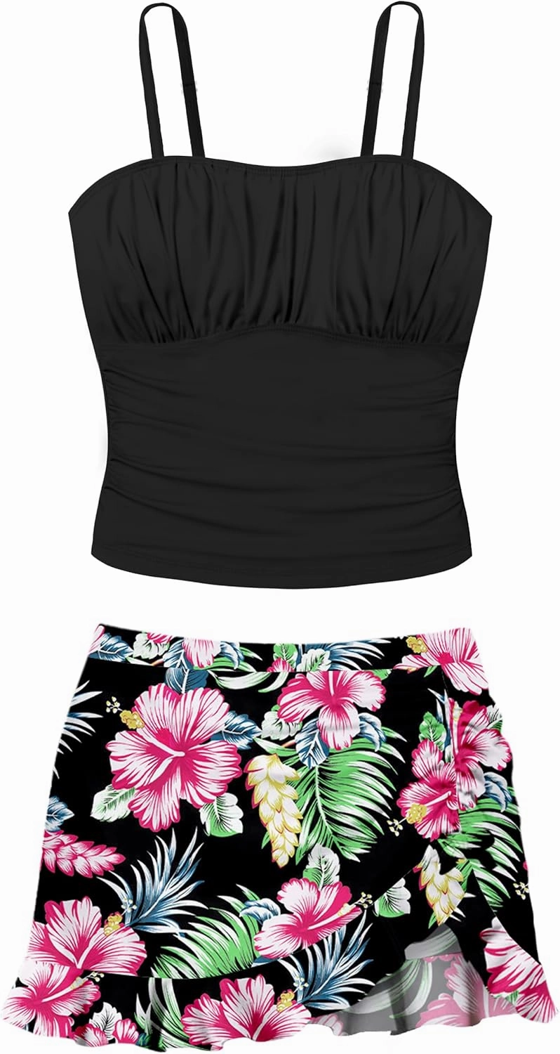 Girls Tankini Swimsuits Two Piece Tropical Print Pleated Bathing Suit with Ruffle Drawstring Skirt Swimwear 9-16T