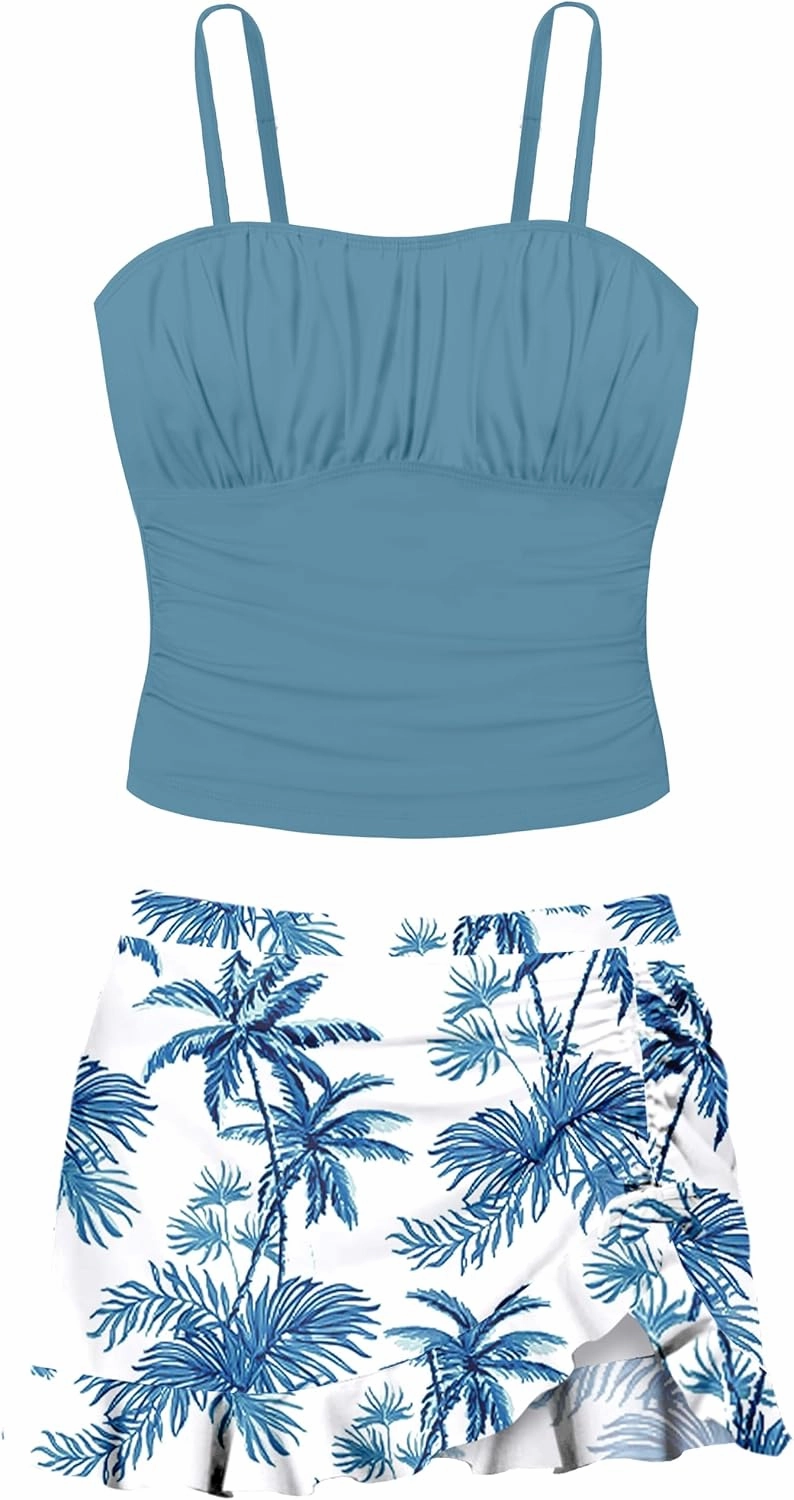Girls Tankini Swimsuits Two Piece Tropical Print Pleated Bathing Suit with Ruffle Drawstring Skirt Swimwear 9-16T