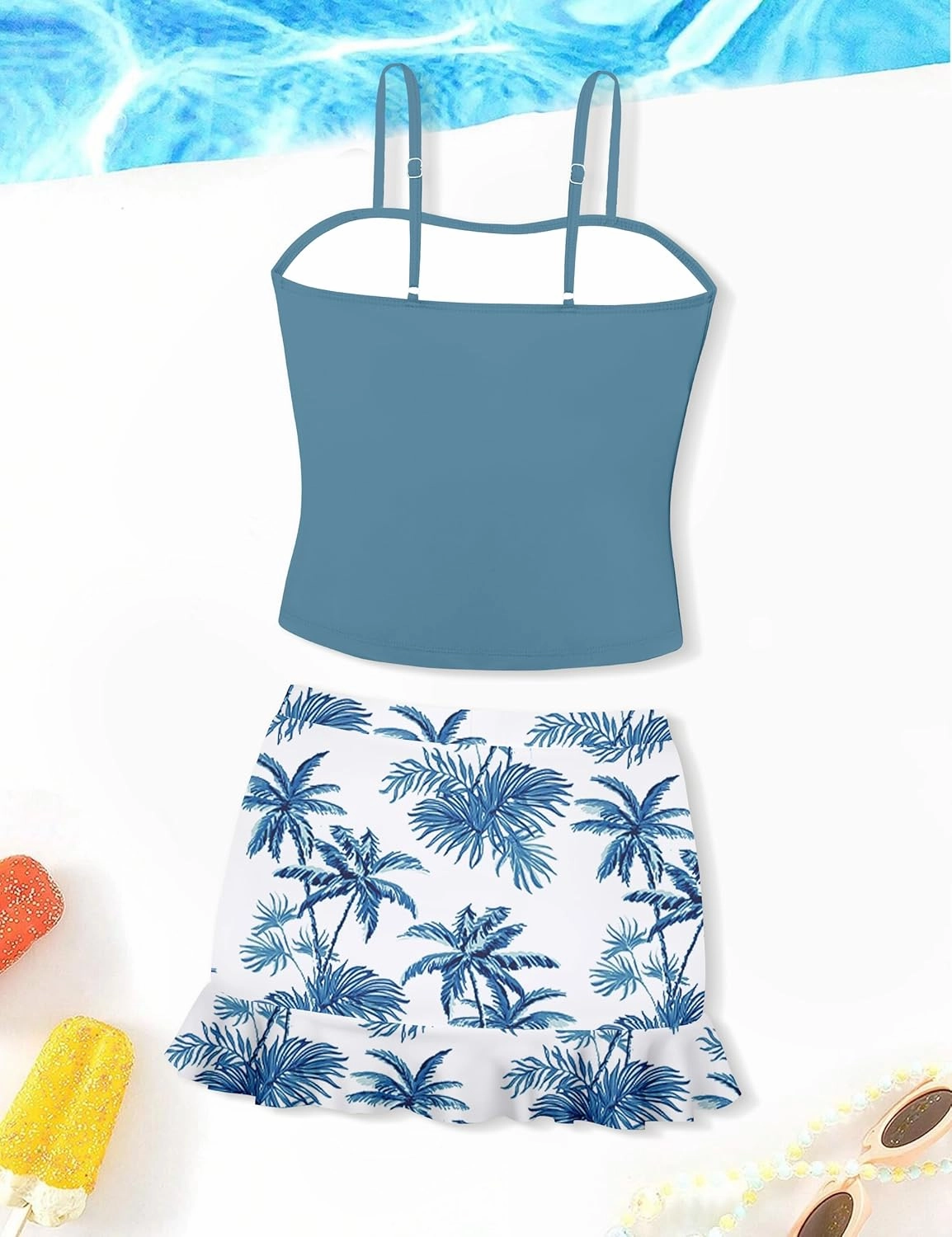 Girls Tankini Swimsuits Two Piece Tropical Print Pleated Bathing Suit with Ruffle Drawstring Skirt Swimwear 9-16T