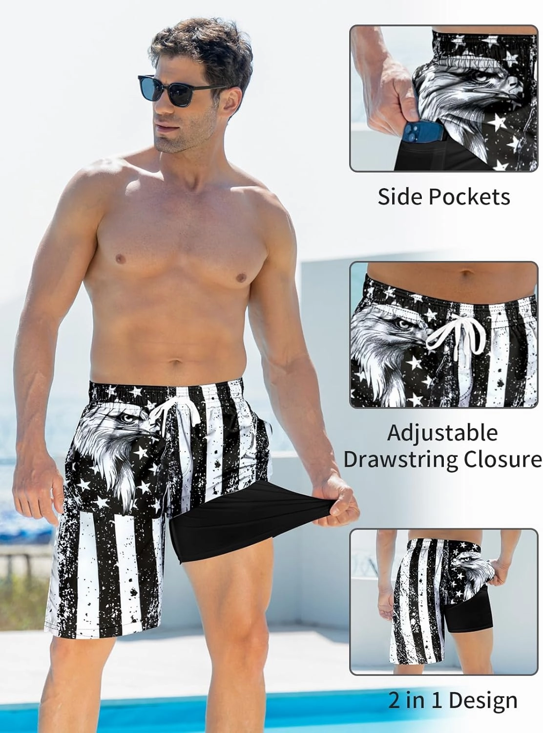 Goodstoworld Men's Funny Swim Trunks with Compression Liner 2 in 1 Quick-Dry 9" Stretch Shorts with Three Pockets