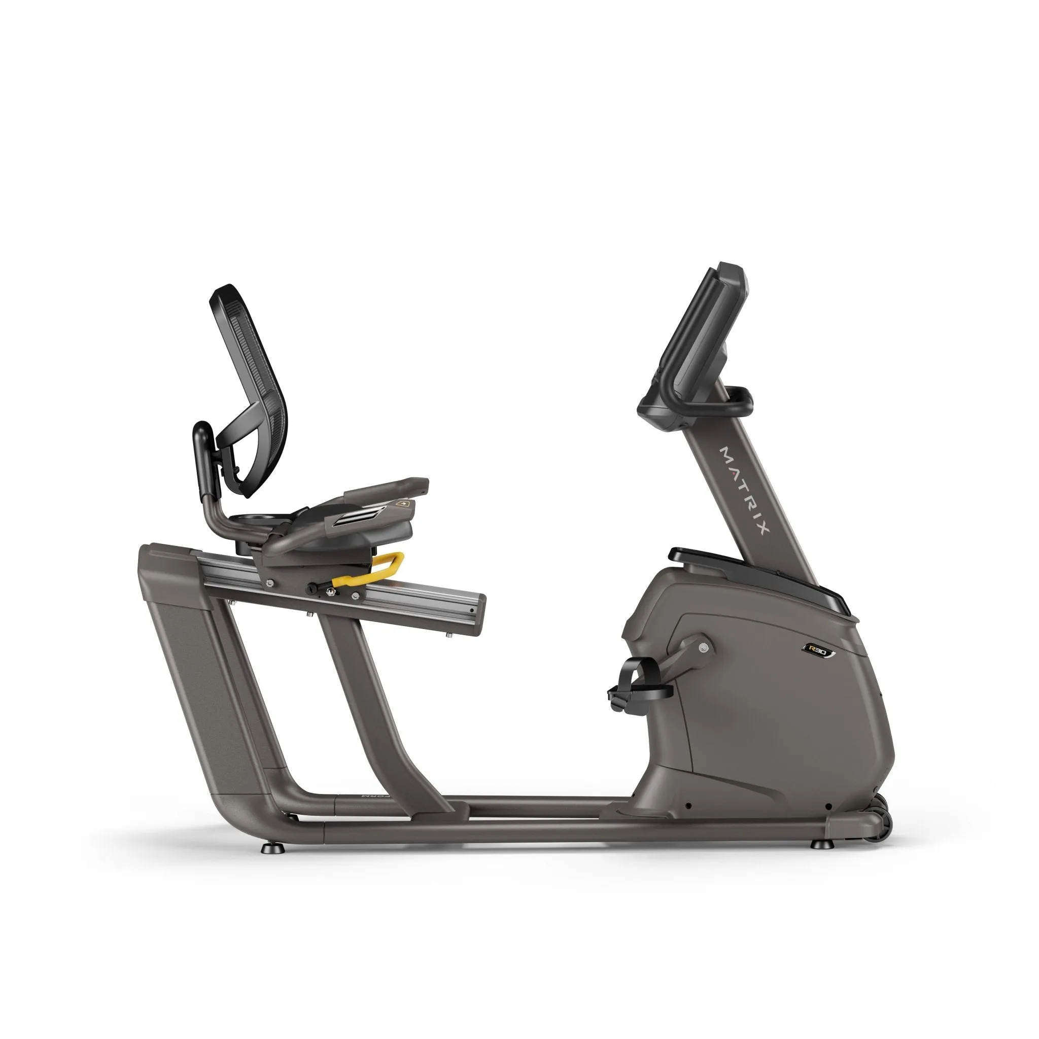 Matrix R30 XIR Recumbent Bike, Bowflex SelectTech dumbbells, Yoga strap with buckle