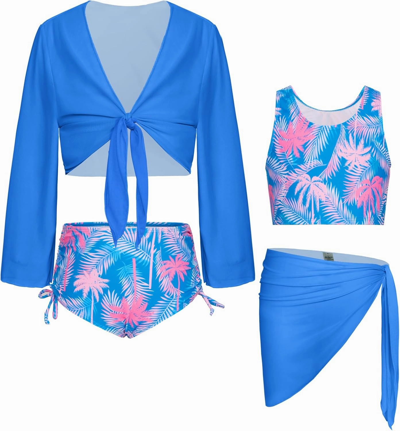 GRACE KARIN Girls Bathing Suit Adjustable Taniki Swimsuit Tie Front 4 Piece Bikini Set with Kimono Cover Up 6-14