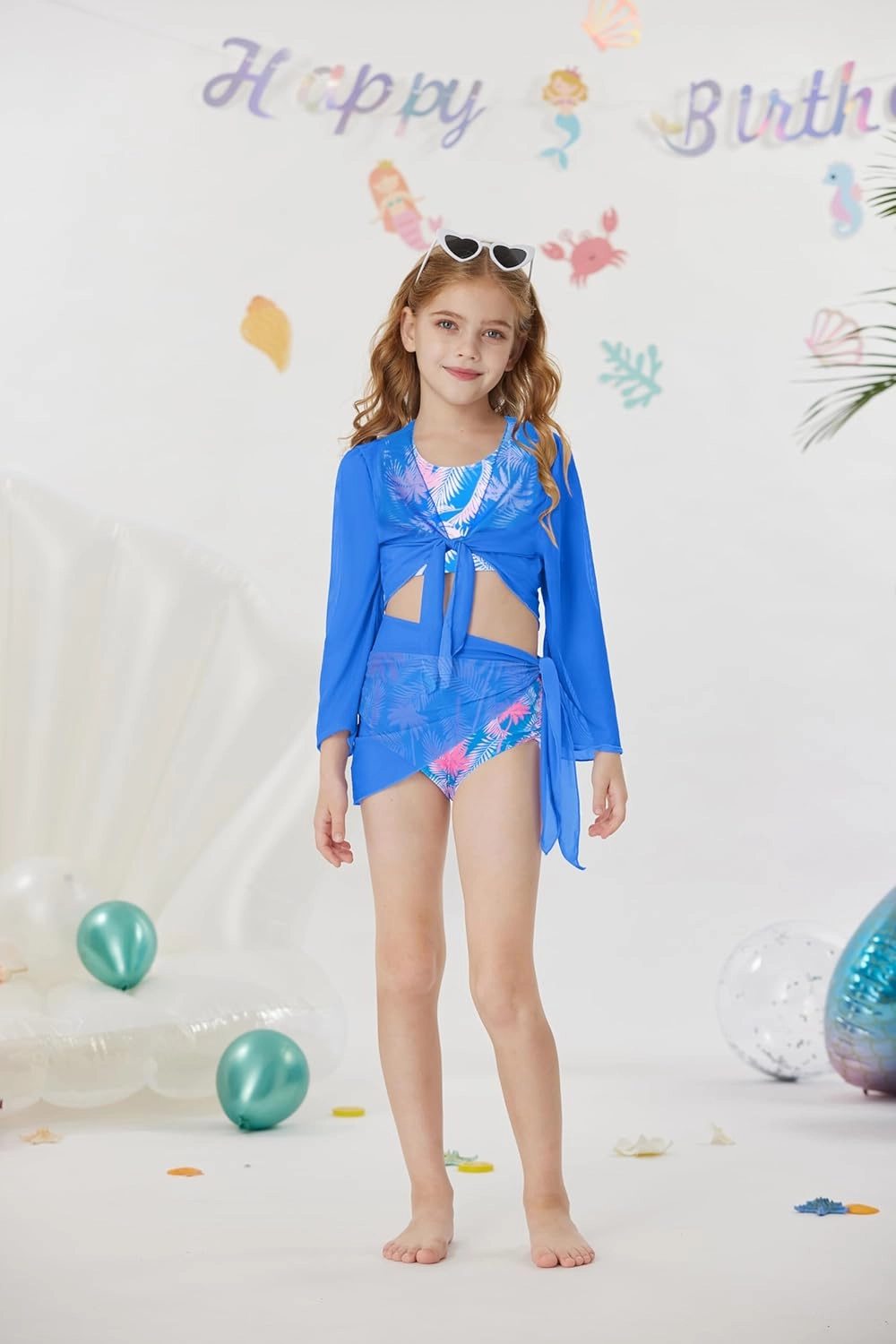 GRACE KARIN Girls Bathing Suit Adjustable Taniki Swimsuit Tie Front 4 Piece Bikini Set with Kimono Cover Up 6-14
