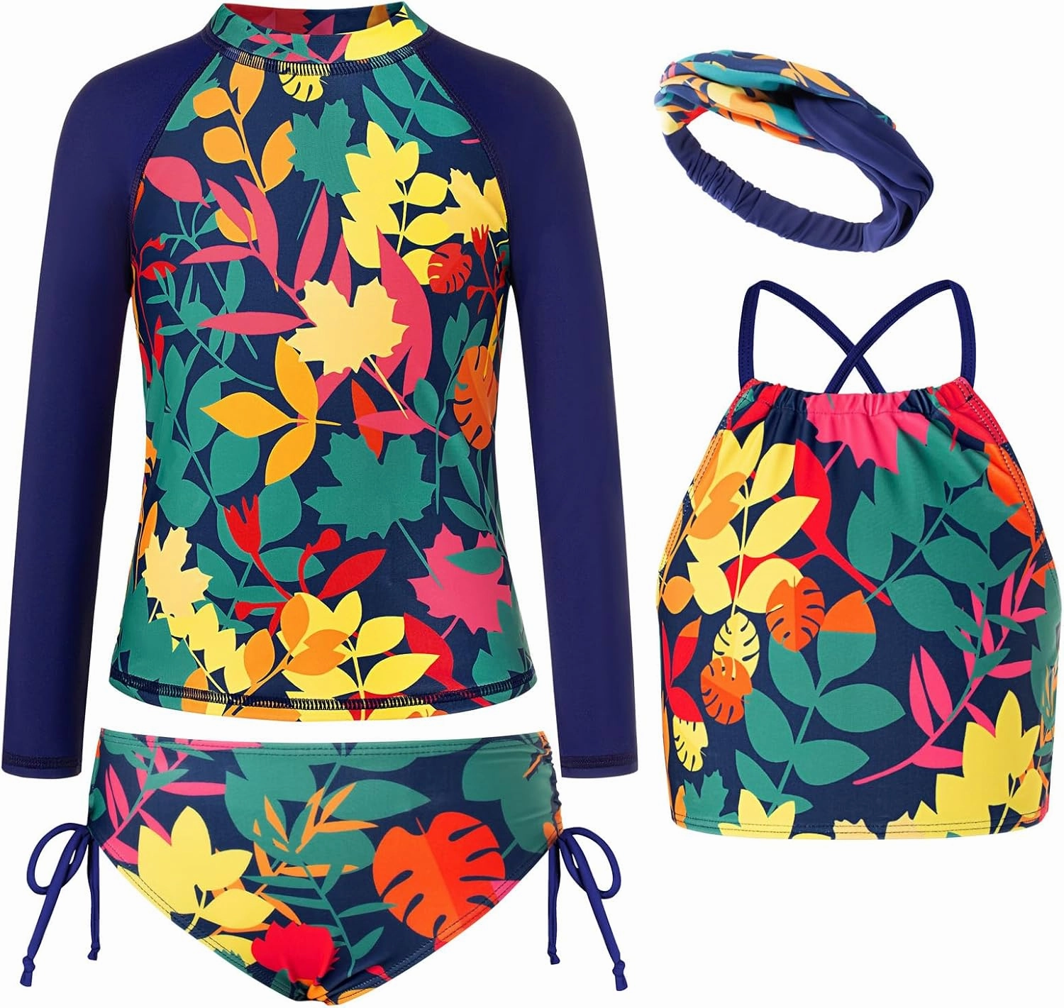 GRACE KARIN Girls Swimsuit Tankini Set Rash Guard Long Sleeve Swimsuit 4 Piece Bathing Suit Swimwear 5-14Y
