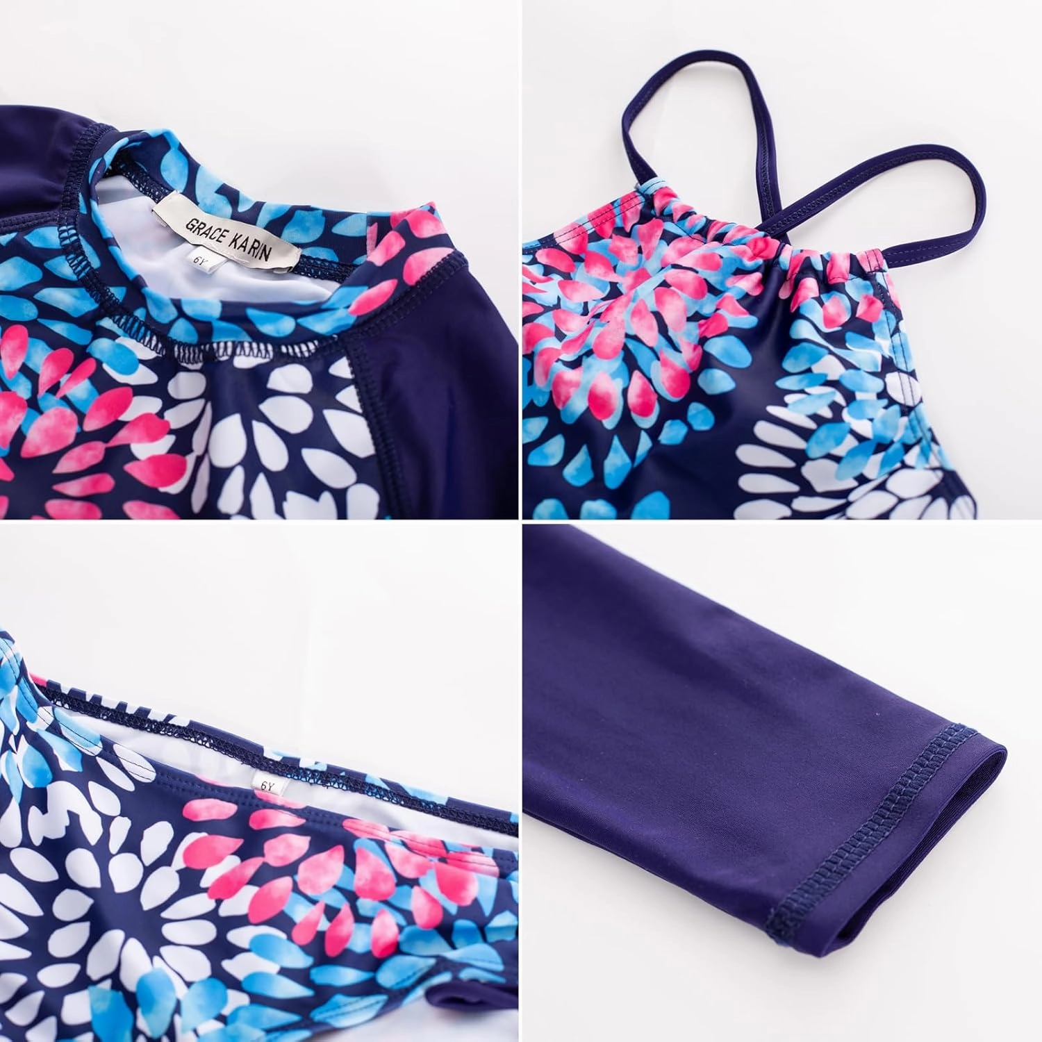 GRACE KARIN Girls Swimsuit Tankini Set Rash Guard Long Sleeve Swimsuit 4 Piece Bathing Suit Swimwear 5-14Y