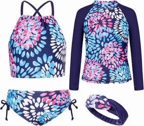 GRACE KARIN Girls Swimsuit Tankini Set Rash Guard Long Sleeve Swimsuit 4 Piece Bathing Suit Swimwear 5-14Y