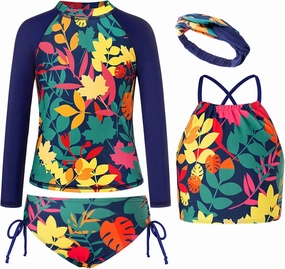 GRACE KARIN Girls Swimsuit Tankini Set Rash Guard Long Sleeve Swimsuit 4 Piece Bathing Suit Swimwear 5-14Y