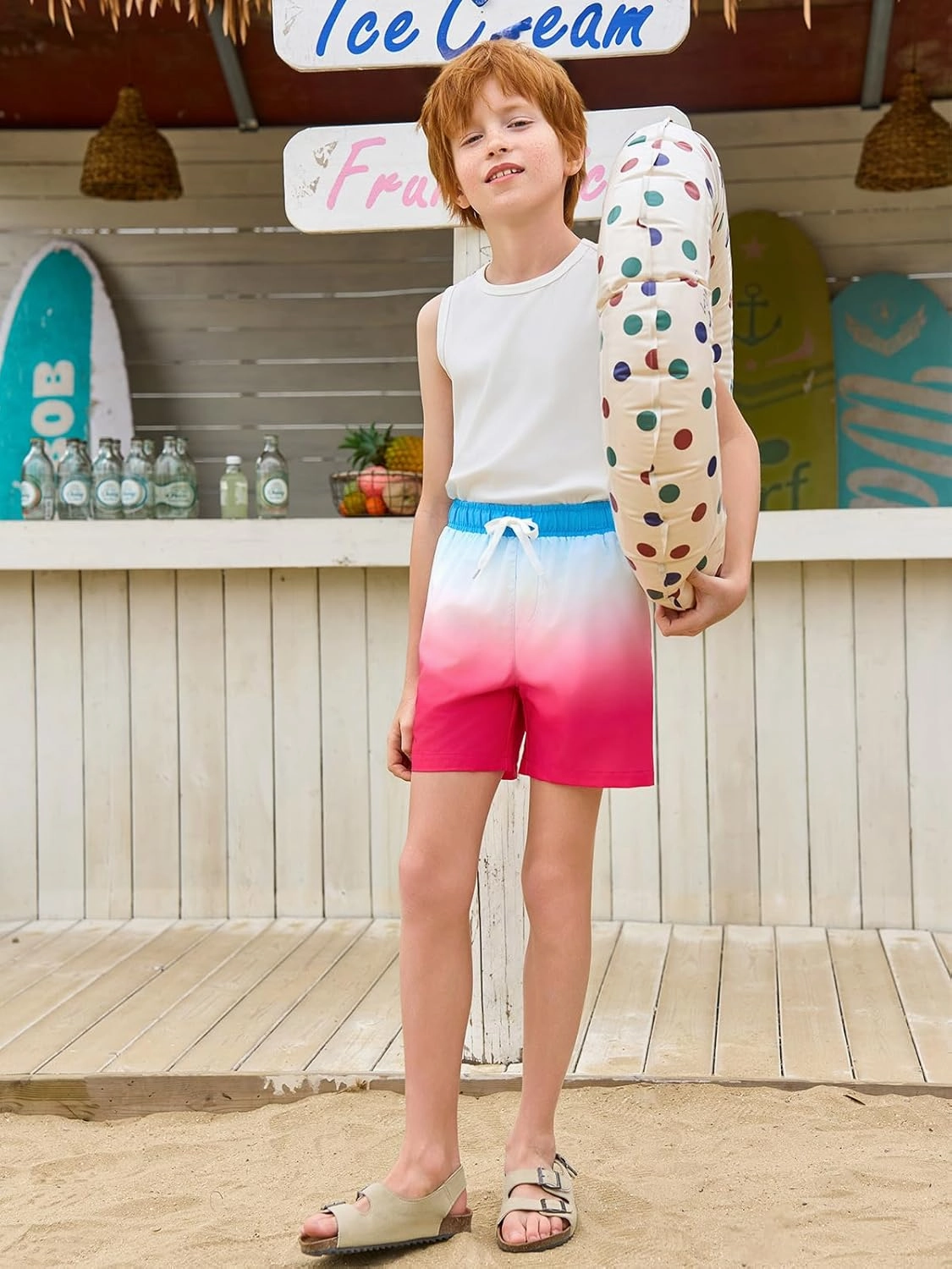 Haloumoning Boys Swim Trunks with Boxer Brief Liner Kids Gradient Quick Dry Swimming Shorts 5-14 Years