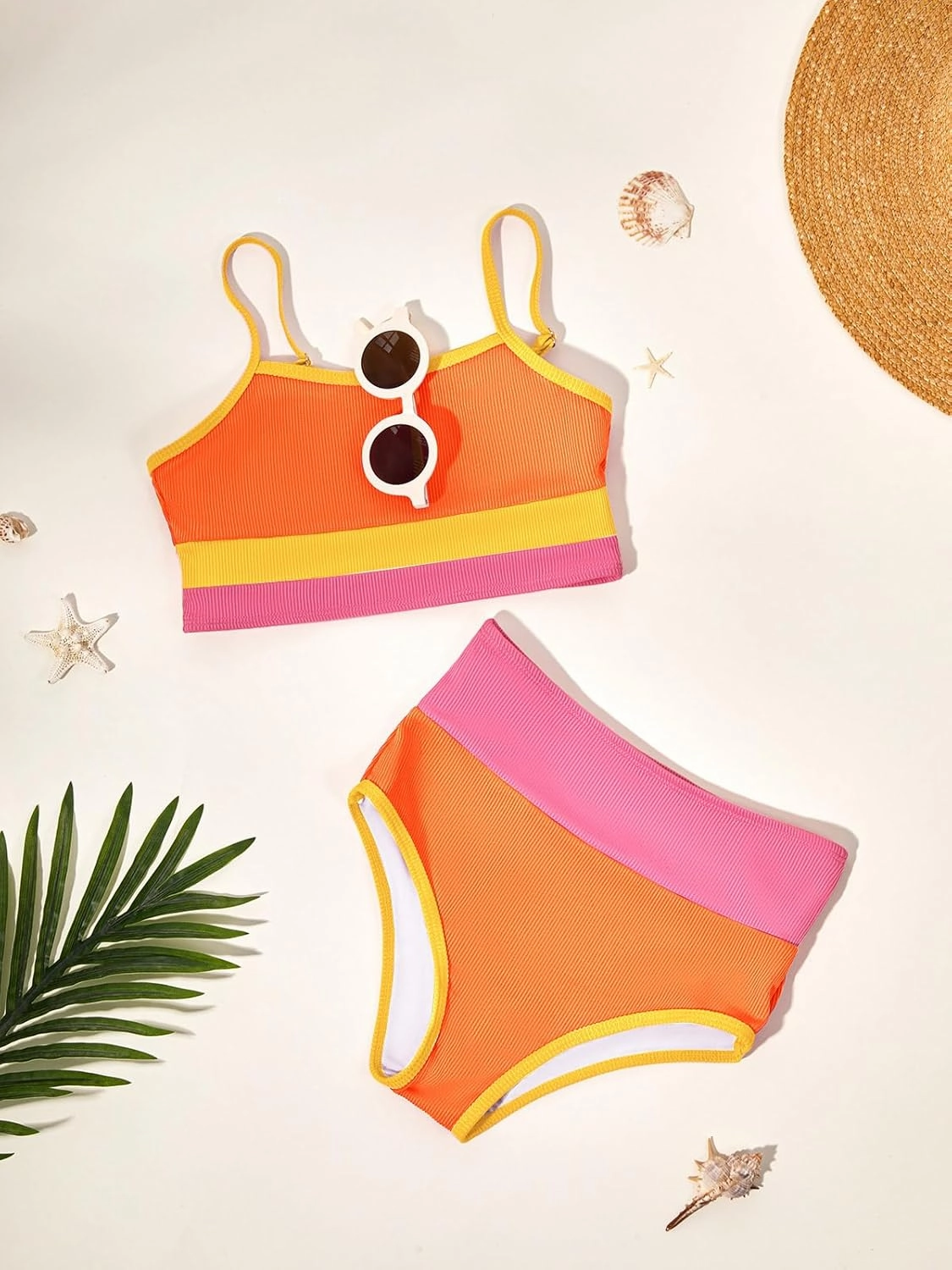 Haloumoning Girls Swimsuits Bikini Set Adjustable Straps Two Piece Color Block Girls' Swimwear with Chest Pad 5-14 Years