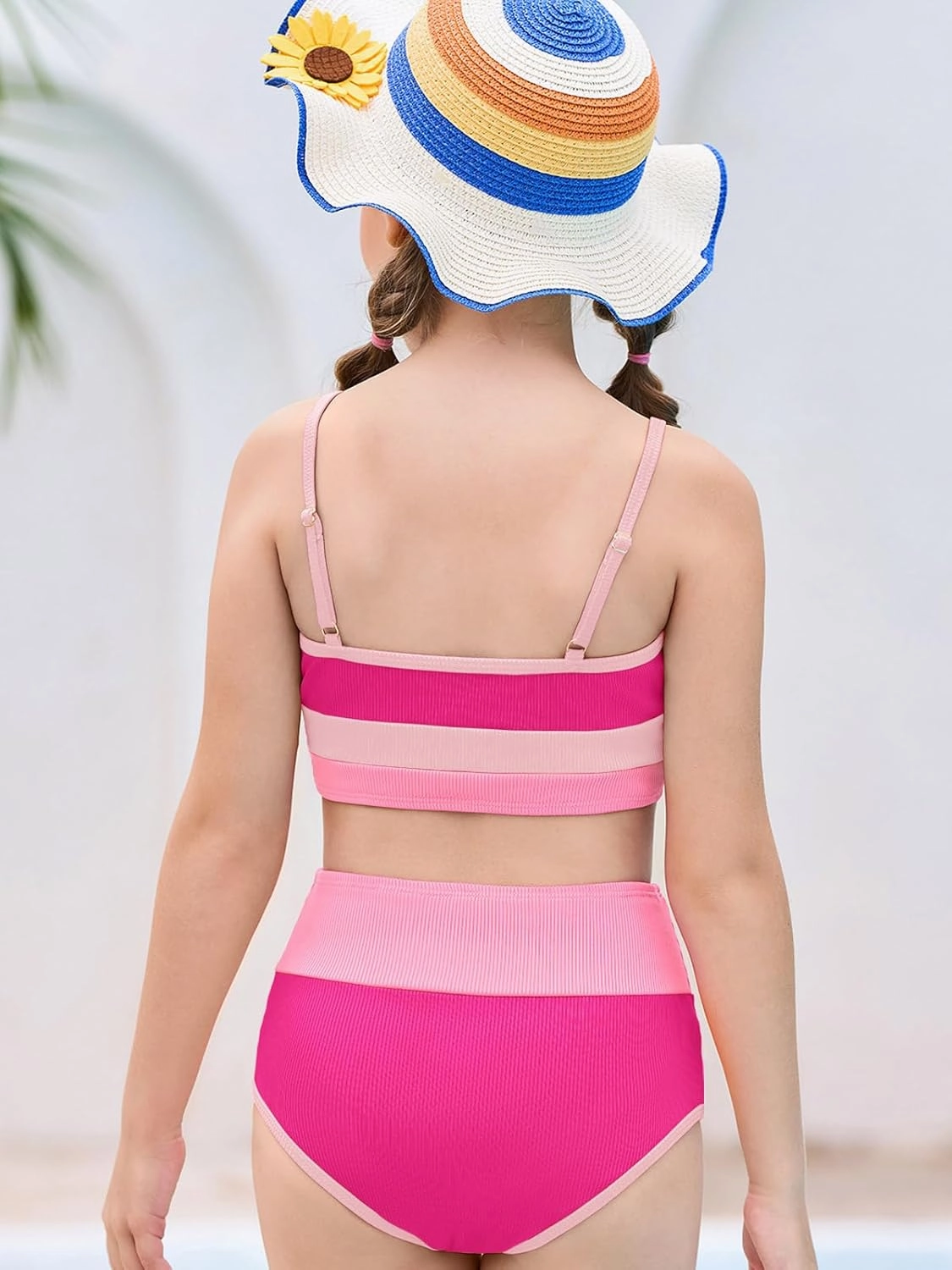 Haloumoning Girls Swimsuits Bikini Set Adjustable Straps Two Piece Color Block Girls' Swimwear with Chest Pad 5-14 Years
