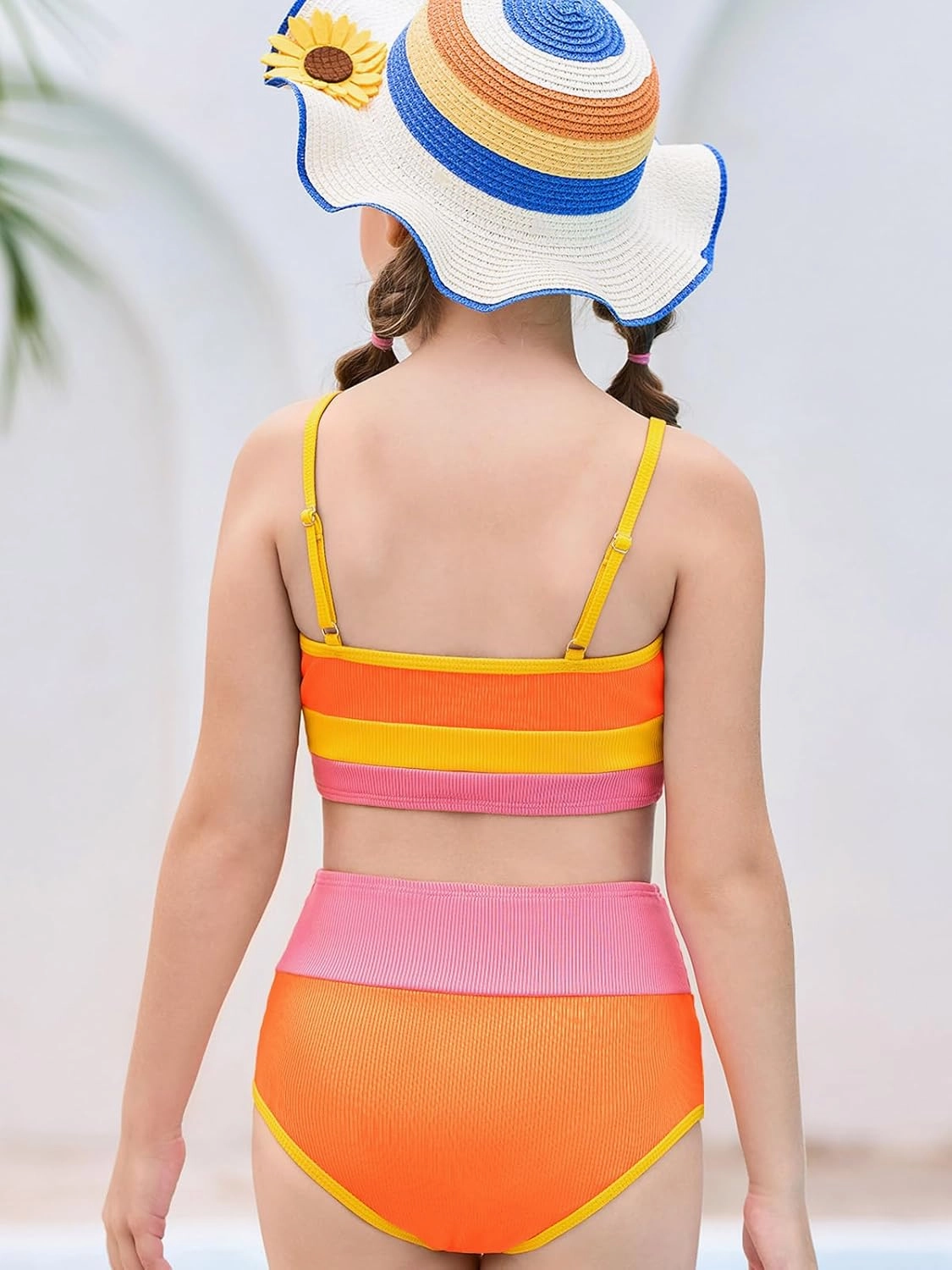 Haloumoning Girls Swimsuits Bikini Set Adjustable Straps Two Piece Color Block Girls' Swimwear with Chest Pad 5-14 Years