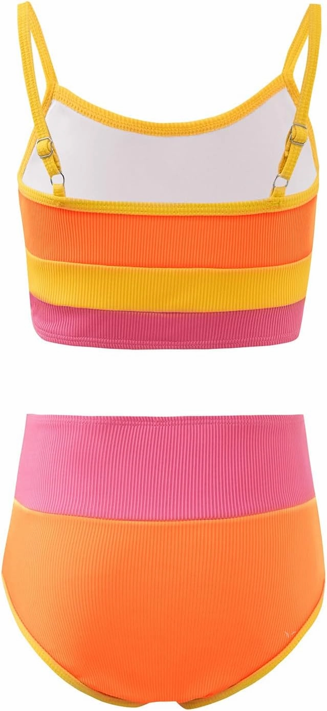 Haloumoning Girls Swimsuits Bikini Set Adjustable Straps Two Piece Color Block Girls' Swimwear with Chest Pad 5-14 Years