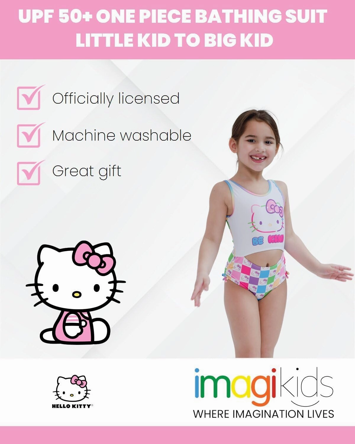 Hello Kitty Rainbow Girls UPF 50  One Piece Bathing Suit Little Kid to Big Kid Sizes (4-14-16)