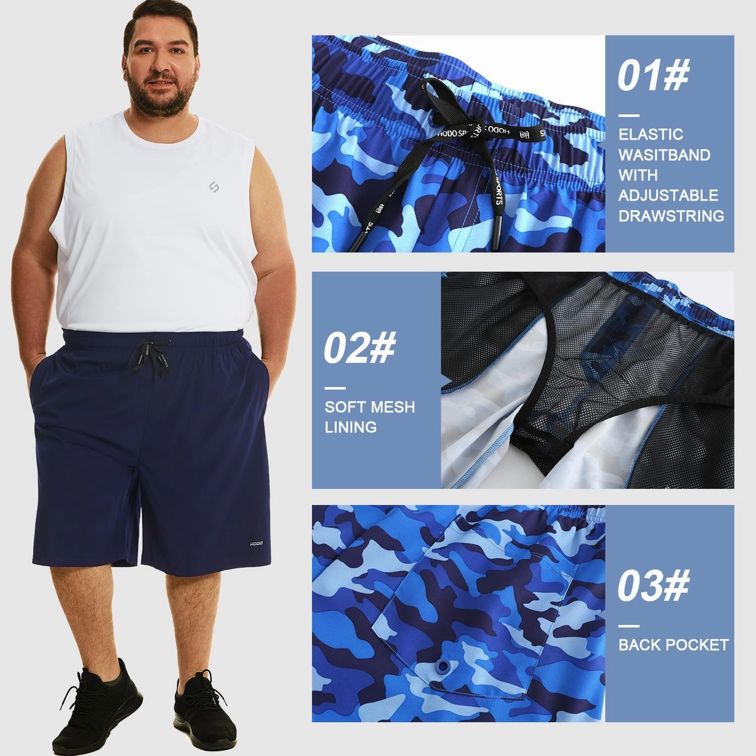 HOdo Mens Big and Tall Swim Trunks 11 inch with Mesh Liner 2X-7X