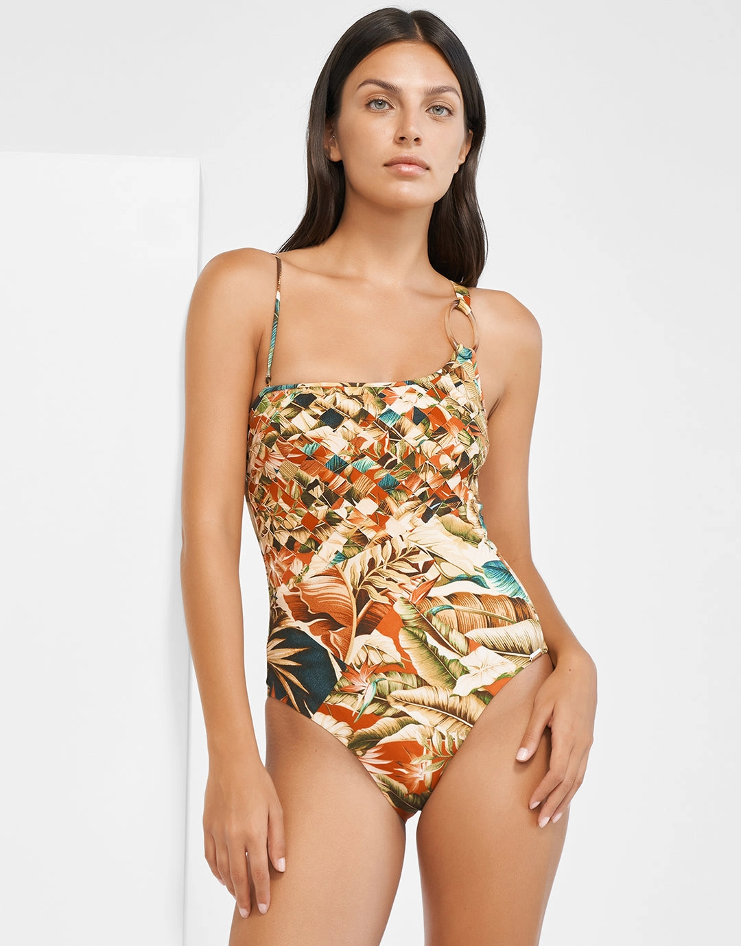 Hypnotic One Shoulder Swimsuit - Sepia Leaves