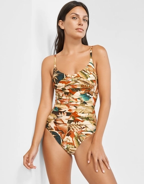 Hypnotic Ruched Underwired Swimsuit - Sepia Leaves