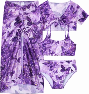 Idgreatim 7-14 Years Girls Swimsuit 4 Piece Tropical Bathing Suits Bikini Sets with Cover Up Skirt